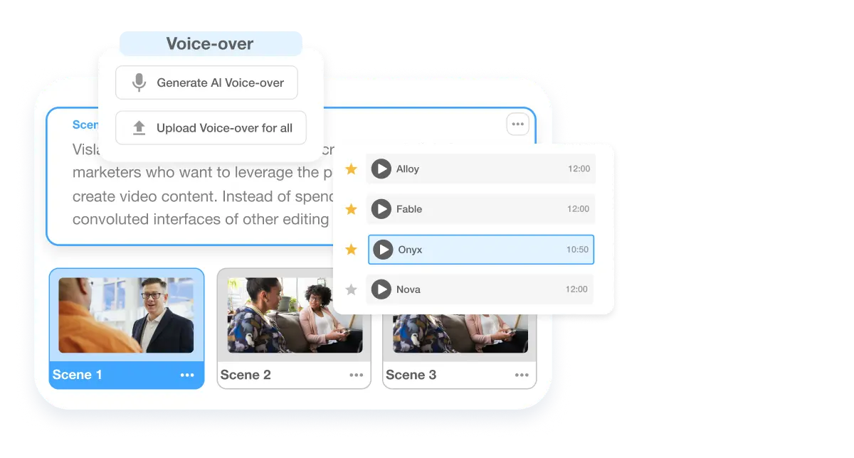 Scene-Based video editing in Visla showing the ability to update scripts on the fly. Users can instantly edit the text of any scene, and Visla's AI will update the voiceover in real-time for seamless adjustments.